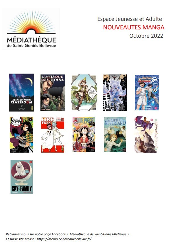 Espace Jeunesse et adulte Nouveautés Manga ocotbre 2022
